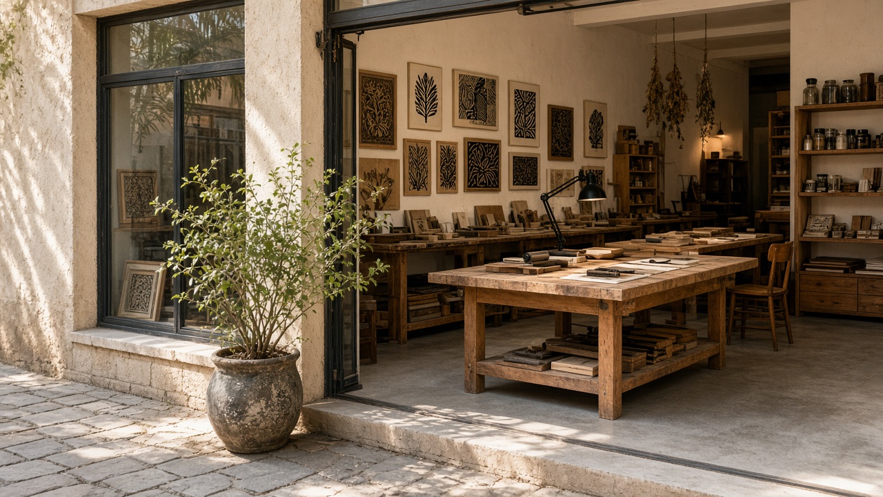 Printmaking / linocut studio workspace at Maplehaven Atelier